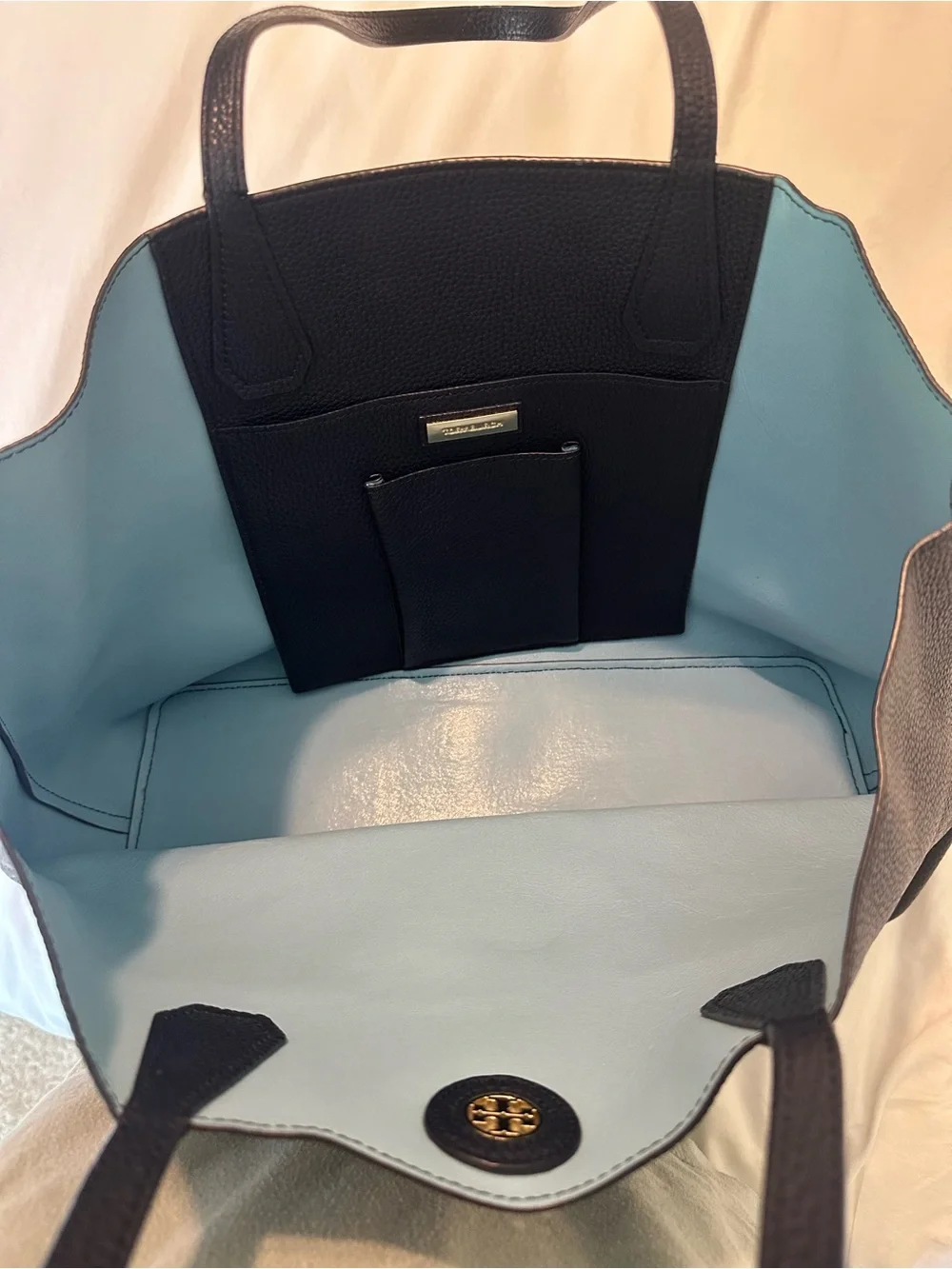 Tory Burch Navy Pebbled Leather McGraw Tote with Gold Logo